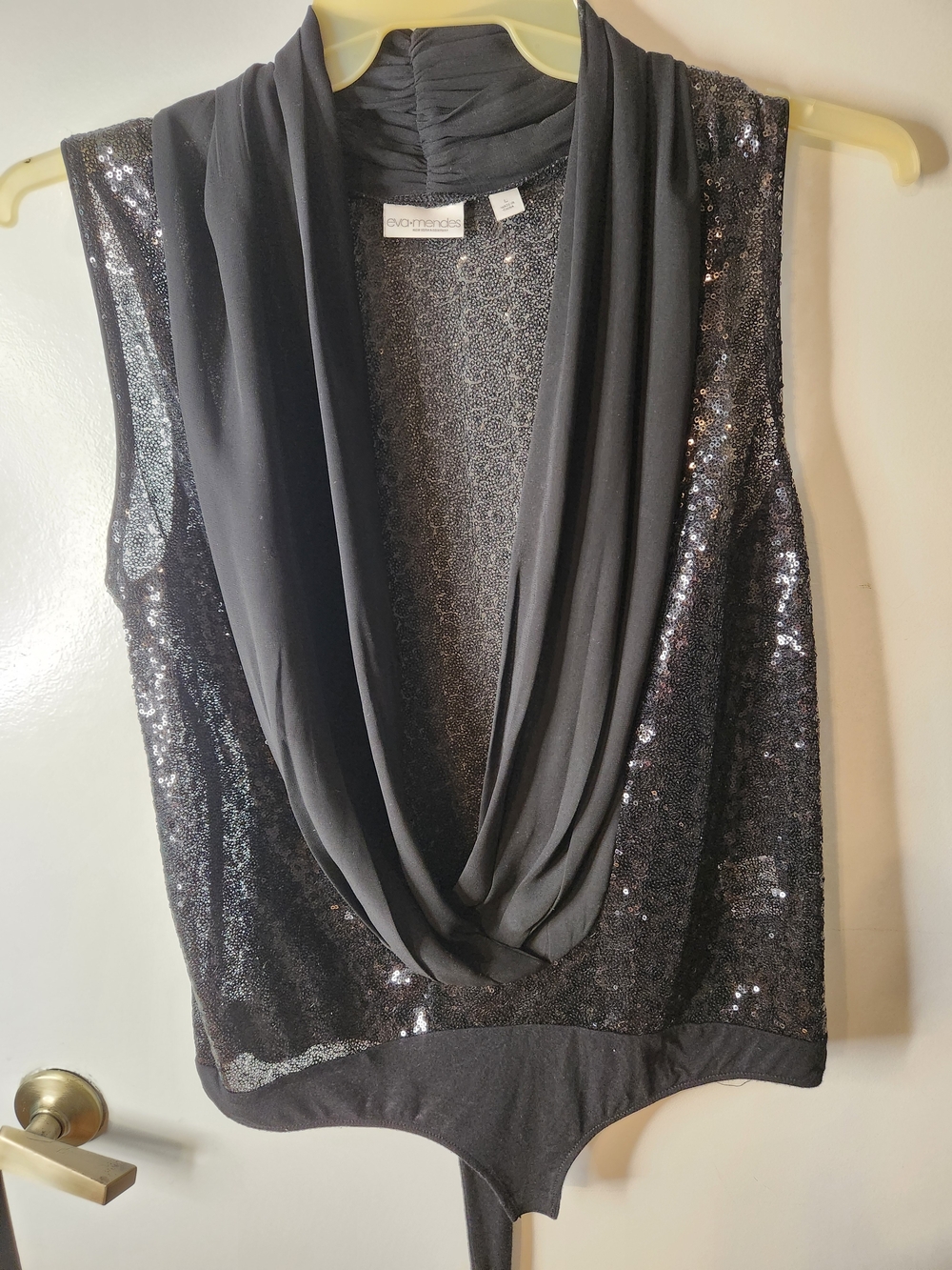 eva mendes for New York & Company Black Sequin Draped Cowl-Neck Bodysuit